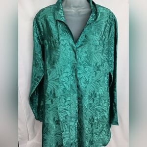 Vintage Satin Grandmacore L Elegant Green‎ Floral Women's Pajamas Top (#399)